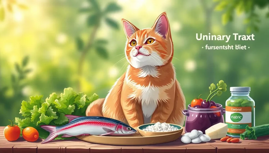 A vibrant, visually appealing image of an assortment of high-quality wet and dry cat food cans, bags, and bowls. The arrangement is set against a clean, soft-focus background, with warm, natural lighting that highlights the textures and colors of the various cat food products. The focal point is a mix of premium wet food, grain-free dry kibble, and supplementary treats, all carefully selected to support feline urinary tract health. The overall composition conveys a sense of health, nutrition, and care for the cat's wellbeing. cat diet for urinary tract health