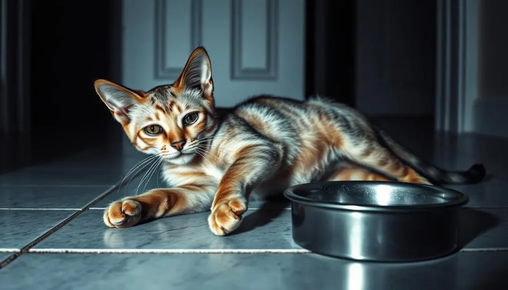 A malnourished, scrawny cat with sunken eyes and ribs protruding from its skin, lying weakly on a bare tile floor. The feline's expression conveys desperation and hunger, as it reaches a paw towards an empty food bowl in the foreground. Dim, desaturated lighting casts long shadows, heightening the sense of neglect and deprivation. The background is a sparse, monochromatic room, emphasizing the cat's isolation and lack of sustenance. An ominous, somber atmosphere pervades the scene, underscoring the serious health risks of food deprivation for cats. how long can cats go without eating