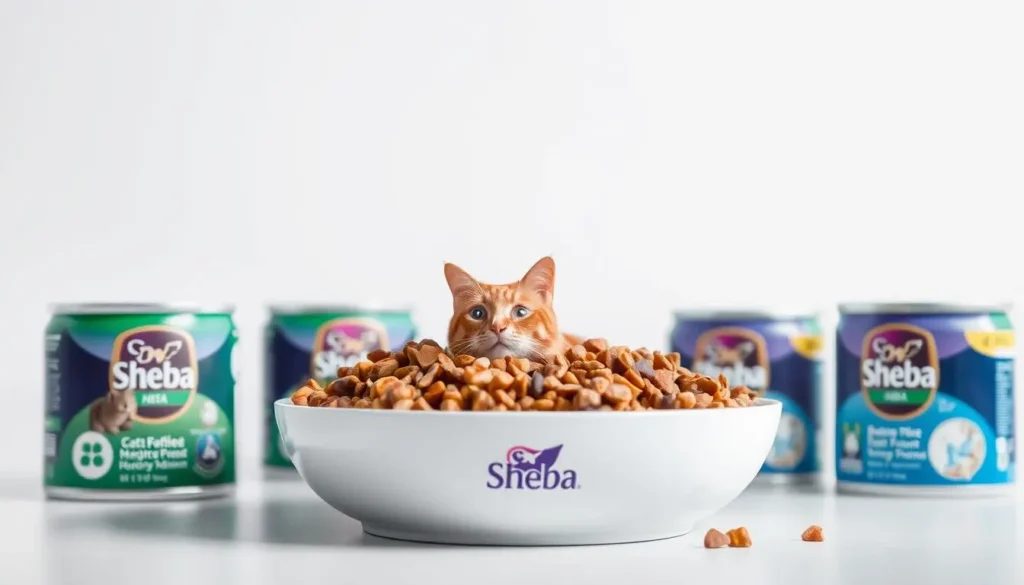 A cozy cafe scene with a wooden table showcasing various cans and bags of cat food. In the foreground, a stack of cat food cans in different flavors, with hand-written product reviews scribbled on colorful sticky notes arranged around them. In the middle ground, a sleek black cat lounging on the table, intently observing the assortment of cat food. The background features a bookshelf filled with cat-themed decor and literature, bathed in warm, ambient lighting that casts a comforting glow over the entire scene. The overall mood is one of thoughtful consideration, as if the viewer is immersed in the process of researching the best cat food options. is sheba cat food good