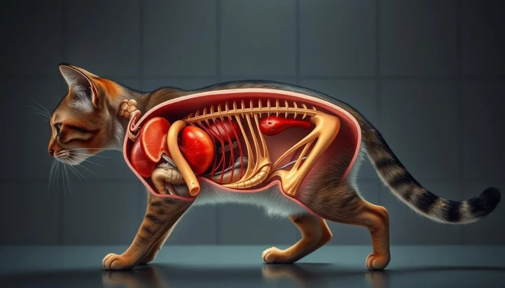 A detailed cross-section of a cat's body, showcasing the metabolic changes during prolonged fasting. The foreground depicts the cat's internal organs, with a focus on the liver, pancreas, and digestive system, visually highlighting the metabolic processes at work. The middle ground features the skeletal structure, musculature, and blood vessels, revealing the physiological adaptations. The background sets a clinical, yet serene atmosphere, with muted colors and subtle lighting, creating a sense of scientific observation. The overall image should convey the complex biological mechanisms that allow cats to endure extended periods without food, as if observed through a detailed anatomical diagram. how long can cats go without eating