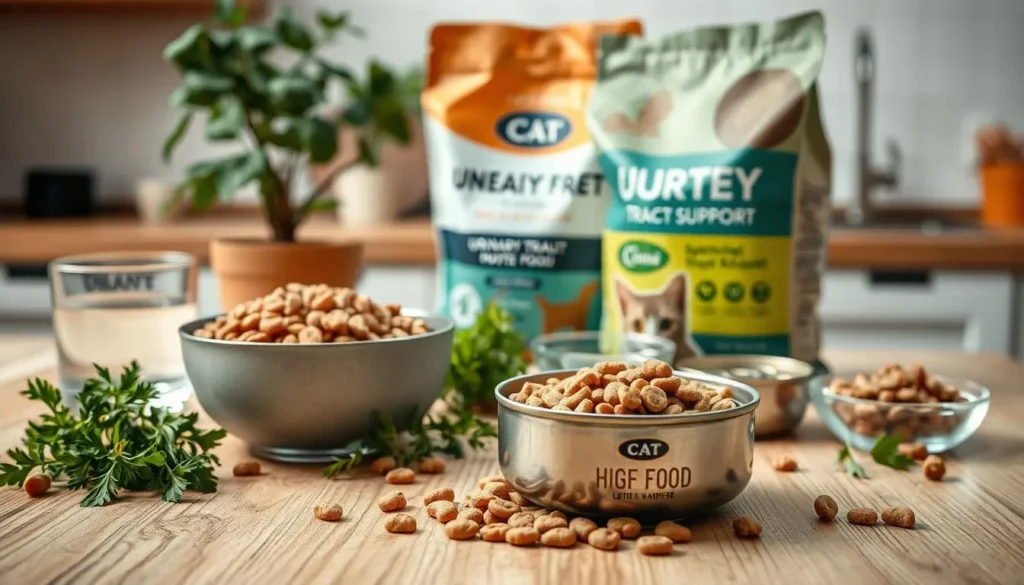A detailed still life composition showcasing a variety of high-protein, low-ash cat food options arranged on a natural wood surface. In the foreground, a bowl of dry kibble and a can of wet food take center stage, surrounded by fresh herbs, a water bowl, and a scatter of cat treats. The middle ground features a bag of specialized urinary tract support cat food, while the background includes a clean, well-lit kitchen countertop with a potted plant. The lighting is soft and diffused, creating a warm, inviting atmosphere that emphasizes the healthful, natural ingredients of the cat diet. The overall composition conveys a sense of balance, wellness, and feline nutritional needs. cat diet for urinary tract health