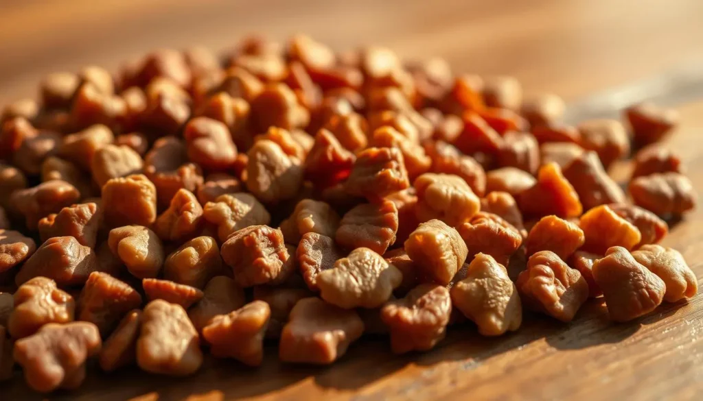 Temptations dry cat food, a close-up view on a wooden table. Crisp, high-resolution rendering showcasing the enticing kibble with its glossy texture and rich color palette - golden browns, rusty reds, and subtle hints of caramel. Soft, diffused natural lighting from the side casts warm shadows, accentuating the three-dimensional shapes and contours of the individual pieces. Shallow depth of field, with the foreground in sharp focus and the background gently blurred, drawing the viewer's attention to the alluring display of feline treats. Evoke a sense of quality, nutrition, and irresistible temptation. temptations dry cat food