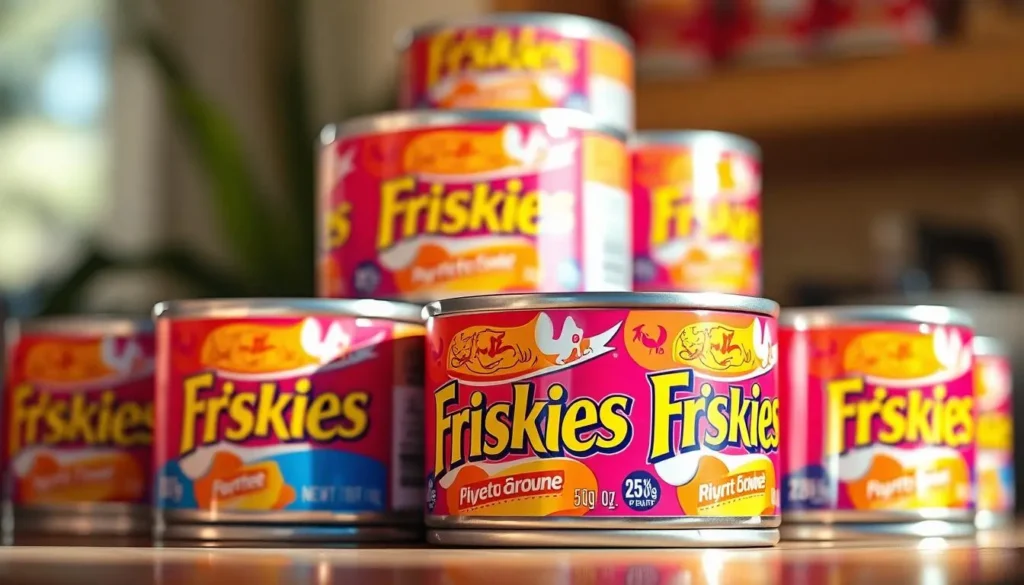 A close-up shot of an assortment of Friskies canned cat food varieties arranged neatly on a neutral-toned surface, with soft, directional lighting highlighting the vibrant colors and textures of the cans. The cans are presented in a visually appealing way, showcasing the different flavors and formulas available. The overall composition and lighting create a sense of quality, freshness, and the high-end appeal of the Friskies brand. The image should convey the idea of a carefully curated selection of the best Friskies canned cat food options, tailored to meet the unique dietary needs and preferences of discerning feline companions. friskies canned cat food