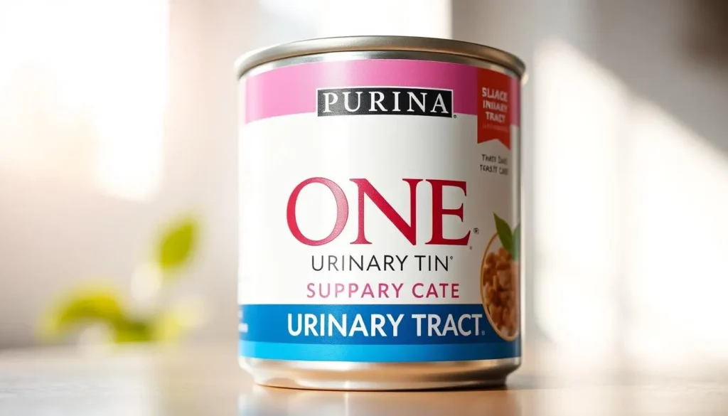 A close-up of a can of Purina ONE Urinary Health cat food, resting on a soft, beige surface. The can is illuminated by warm, natural lighting, casting subtle shadows that accentuate its cylindrical form and the bold, vibrant Purina logo. In the background, a blurred, out-of-focus scene hints at a clean, domestic setting, conveying a sense of trust and reliability associated with the Purina brand. The overall composition and lighting create a visually appealing, premium aesthetic that complements the product's positioning as a premium, veterinarian-recommended solution for supporting feline urinary health. purina one urinary tract cat food