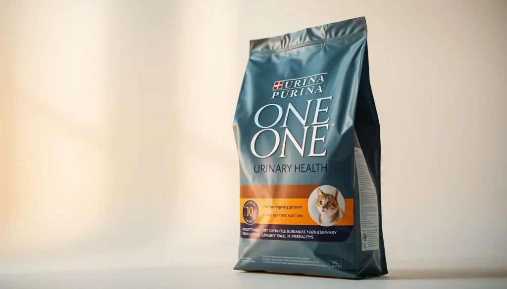 A close-up shot of a bag of Purina ONE Urinary Health dry cat food, placed in a clean, well-lit studio setting. The bag is positioned at a slight angle, allowing the product label and key details to be clearly visible. The lighting is soft and diffused, creating a warm, inviting atmosphere that highlights the high-quality appearance of the food. The background is a simple, neutral color that allows the product to be the central focus. The image conveys a sense of premium quality, nutritional value, and support for feline urinary tract health. purina one urinary tract cat food