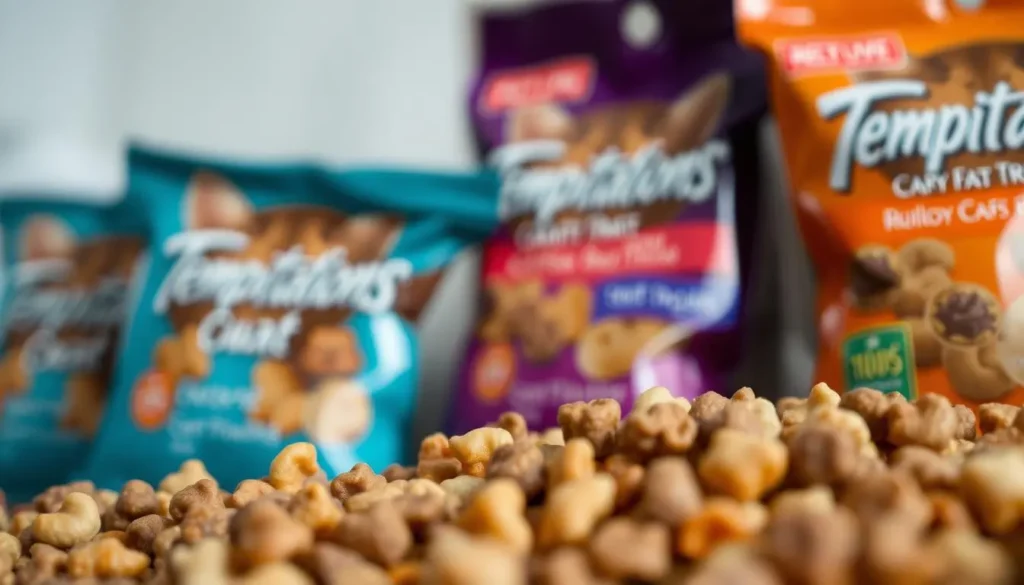 A closeup view of an assortment of Temptations dry cat food treats, shot with a high-quality DSLR camera at a slight angle. The treats are displayed in the foreground, their vibrant colors and textures capturing the eye. The background is blurred, creating a soft, out-of-focus setting that allows the treats to take center stage. The lighting is soft and diffused, highlighting the glossy surfaces and natural sheen of the kibble. The overall mood is one of temptation and indulgence, inviting the viewer to imagine the irresistible taste and texture of these feline delights. temptations dry cat food
