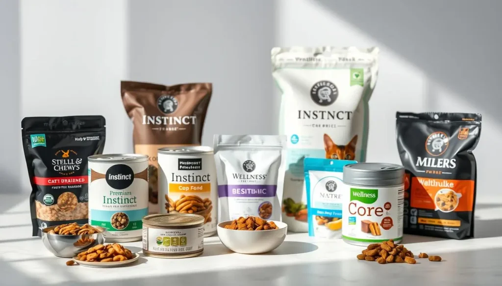 A high-quality image showcasing the top freeze dried cat food brands. In the foreground, arrange several cans and bags of premium freeze dried cat food from leading brands like Stella & Chewy's, Instinct, and Wellness Core. Position them in an elegant still-life arrangement with natural lighting and soft shadows. In the middle ground, include close-up shots of the products, highlighting their textures, colors, and packaging designs. The background should feature a minimalist, studio-like setting with clean white or gray tones, allowing the products to be the focal point. Capture an atmosphere of quality, health, and feline-centric nutrition. freeze dried cat food