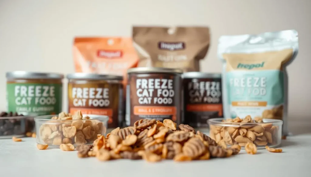 A close-up photograph of an assortment of high-quality freeze-dried cat food products, including different flavors and textures, arranged on a clean, neutral-colored background. The products are well-lit, showcasing their natural colors and textures, with a shallow depth of field to make the foreground items stand out. The middle ground features several cans or bags of the freeze-dried food, with clear labels and branding visible. The background is slightly blurred, providing a clean, minimalist setting to highlight the main subject. The overall mood is one of premium quality, nutrition, and appeal to discerning feline owners. freeze dried cat food