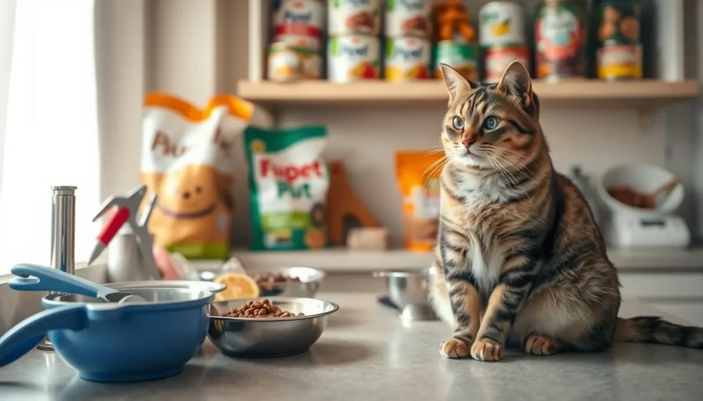 A well-lit kitchen counter with various cat food bowls, measuring cups, and a can opener. In the foreground, a tabby cat sits patiently, eyeing the preparations. The middle ground shows a bag of dry cat food and a scoop, while the background features shelves with different wet food cans and treats. The scene conveys a sense of care and attention to the cat's dietary needs, with a warm, inviting atmosphere. how much dry food to feed a cat