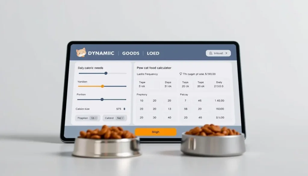 A sleek, modern digital interface displaying a dynamic cat food calculator. In the foreground, a clean, minimalist design with sliders, input fields, and intuitive icons. The middle ground features a well-organized layout showcasing key information like daily caloric needs, portion sizes, and feeding frequency. The background is a neutral, soft-toned color palette, creating a calm, professional atmosphere. Crisp, high-resolution visuals with precise attention to detail, optimized for a seamless user experience. Subtle lighting and camera angles emphasize the practical, informative nature of this calculator tool. how much dry food to feed a cat